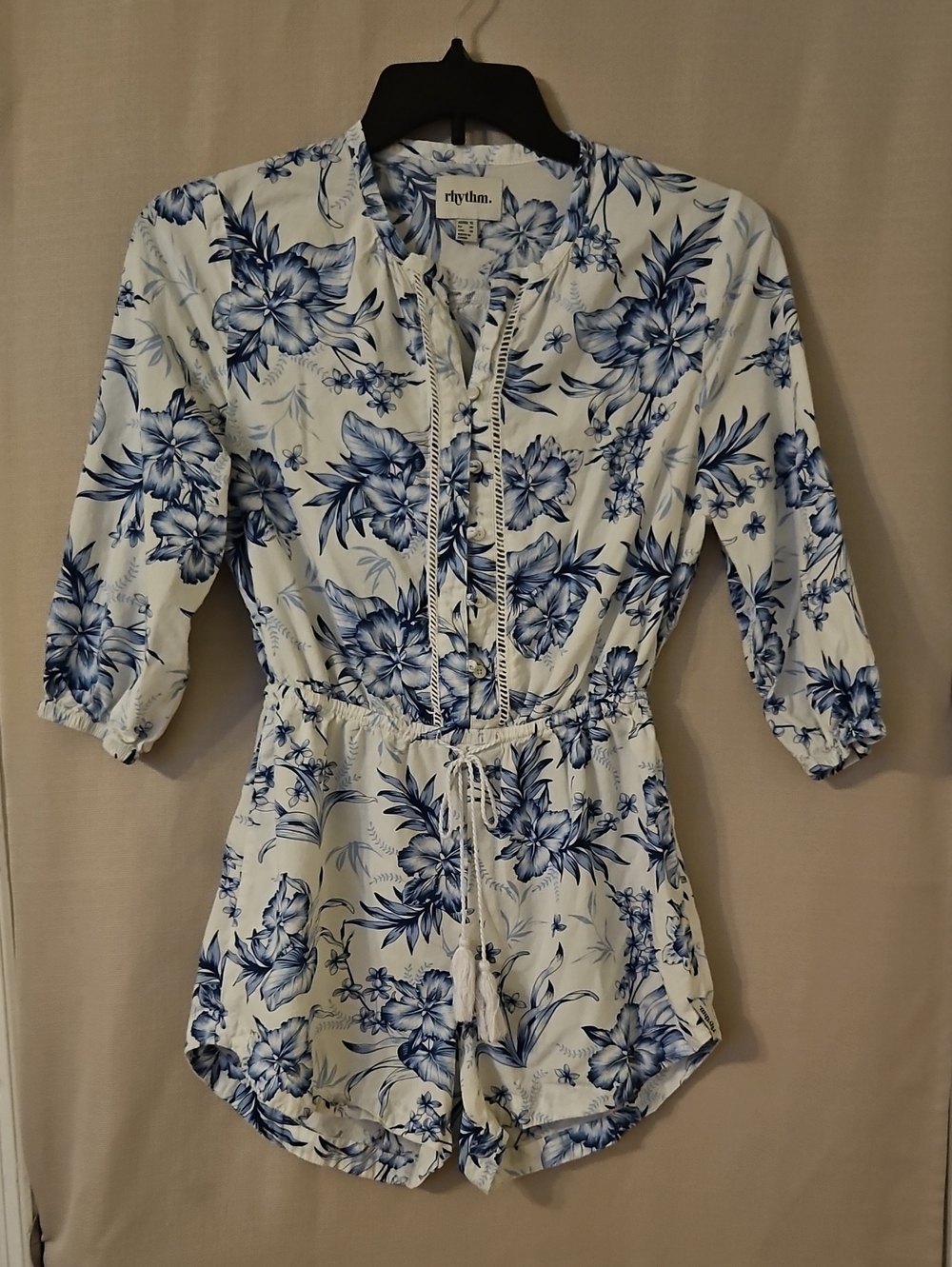 Rhythm. White and Blue Floral Romper with Drawstring Waist